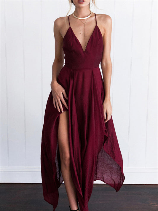 Europe and The United States Nightclub Sexy V-neck Backless High Waist Sleeveless Halter Irregular Dress V-neck Asymmetric Dress