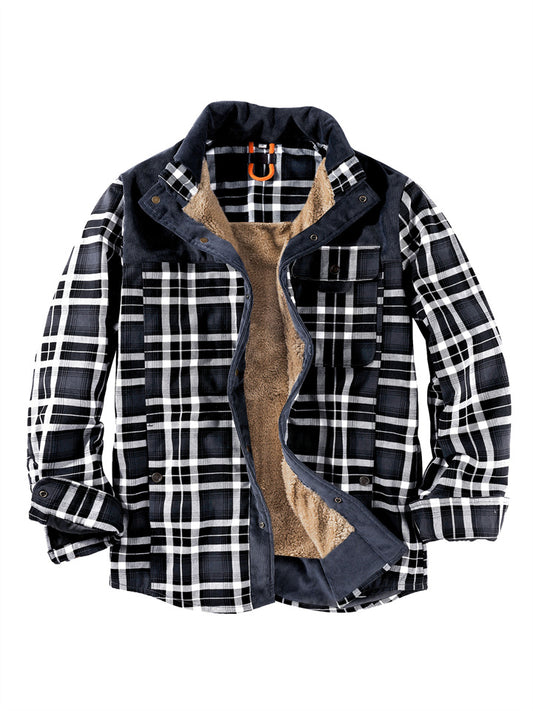 Casual Printed Long-sleeved Lapel Plaid Shirt Cardigan Jacket Men's Jacket Padded Plus Size Winter Warm Cotton Jacket