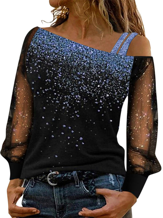 Women's T shirt Tee Blue Yellow Gray Color Gradient Long Sleeve Casual Weekend Basic Diagonal Neck Regular S