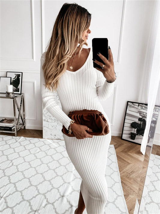 Women's Sweater Dress Winter Dress Sheath Dress Midi Dress Blue Khaki Red White Black Long Sleeve Pure Color Patchwork Winter Fall V Neck Casual 2022 S M L XL XXL 3XL 4XL 5XL