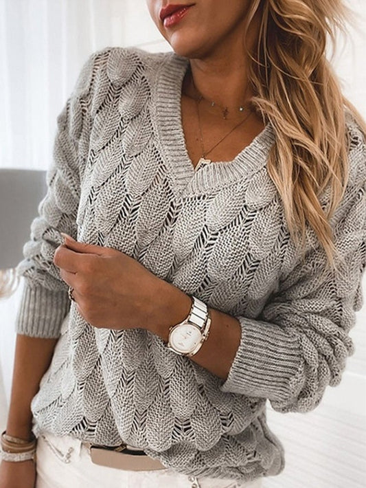Winter New Sweater Knitted Feather Hollow V-neck Long Sleeves