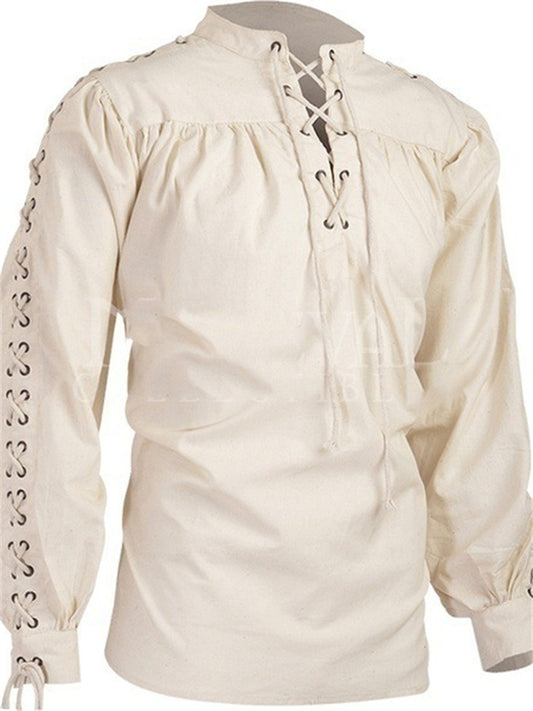 Men's Casual Standing Collar Long Sleeve Cotton Shirt Beige Black S M L XL 2XL 3XL 4XL 5XL