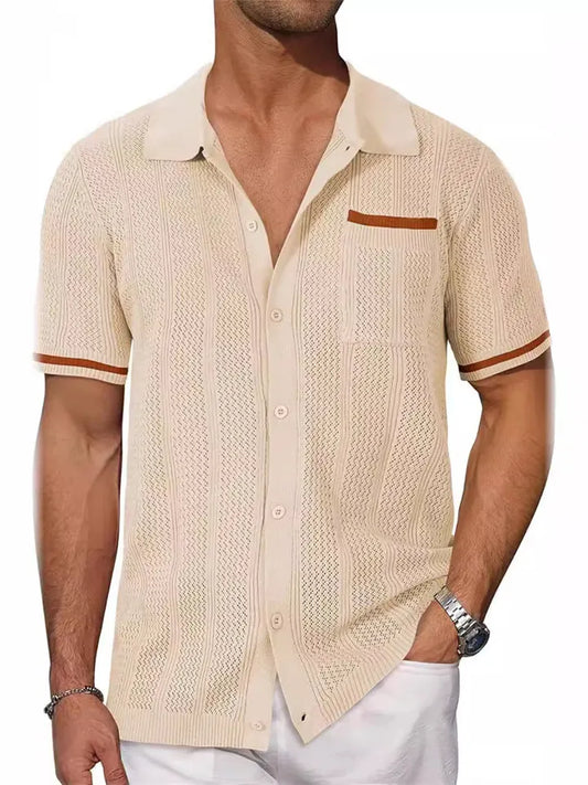 Men's New Summer Short-Sleeve Shirt with Openwork Design and Casual Turn-down Collar