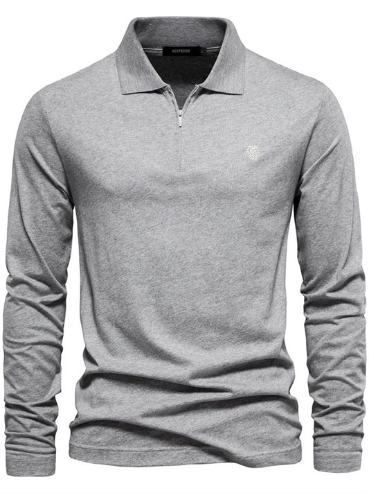Men's Fall/Winter Polo Shirt Casual Solid Color Top Zipper Collar Cotton Polo Long Sleeve