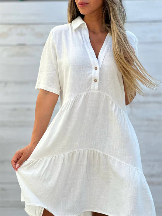 Women's Dresses Loose Solid Color Lapel Casual Short-sleeved Cotton Linen Lapel Dresses