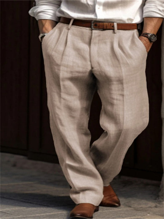Men's Linen Pants Double Pleated Solid Color Comfortable Breathable Casual Cotton Blend Fashion