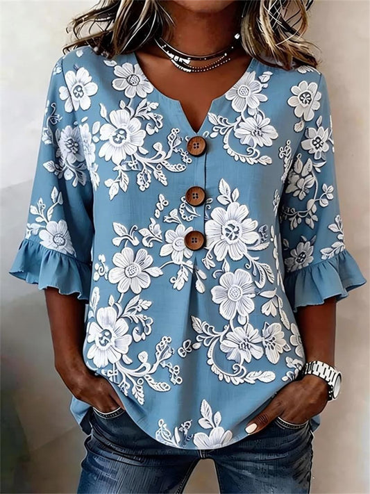 Women's Lace-Sleeve Shirt, Casual Loose-Fit V-Neck Short-Sleeve Shirt
