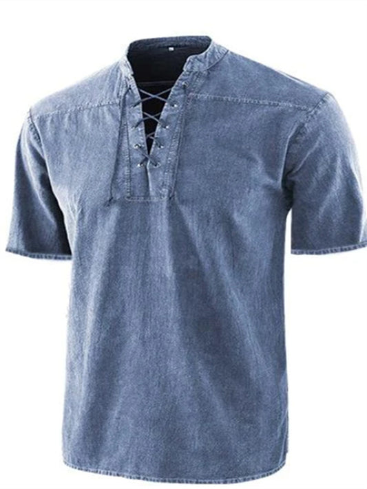 Men's Shirt Casual Shirt Summer Shirt Beach Shirt Black Wine Army Green Short Sleeve Plain Stand Collar Summer Spring Outdoor Street Clothing Apparel Lace up