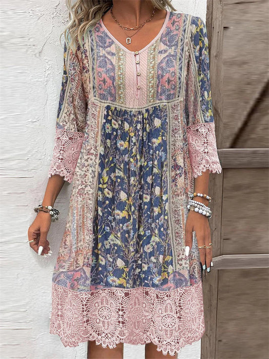 New Women's Spring and Summer Hot Models Retro Printing Lace Dresses