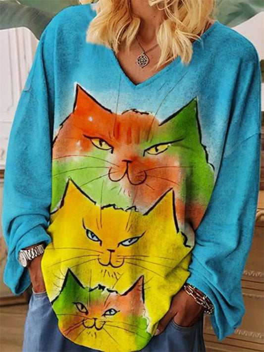 Women's 3D Printed Crew Neck Loose Fit Long Sleeve Top V-Neck T-Shirt