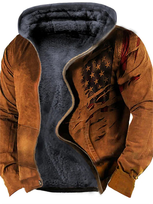 Men's Fleece Jacket Full Zip Hoodie Fleece Hoodie Sherpa Jacket Blue Khaki Brown Gray Hooded Graphic Prints National Flag Zipper Print Casual Daily Sports 3D Print Fleece Basic Designer Casual Fall