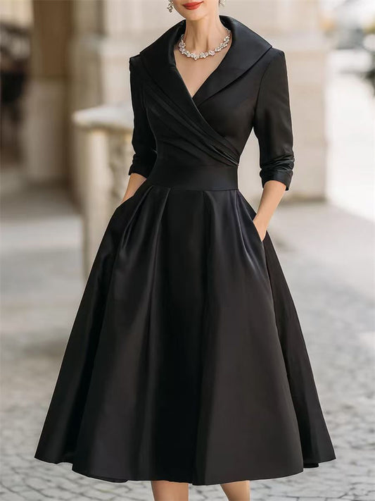 Women's Formal Fitted Dress with Elegant Lapel Collar Long Sleeves and Solid Color
