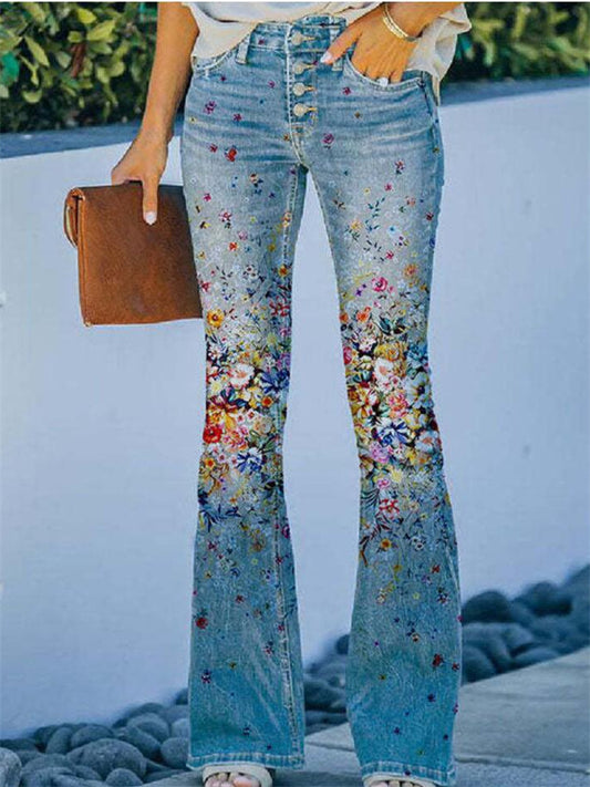 Women's Plus Size Casual Pants with Artistic Floral Print and Slightly Flared Legs