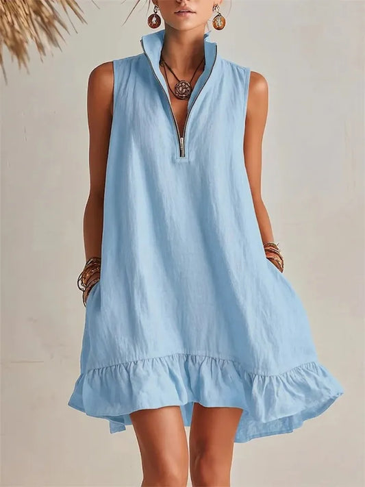 New Spring/Summer Arrival Solid-Color Sleeveless Cotton-Linen V-Neck Vacation Dress