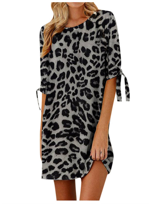 Fashion Temperament Commuter Women's Clothing Personalized Leopard Print Round Neck Midriff Round Neck Short Sleeve Regular Sleeve Elegant Wind Dress