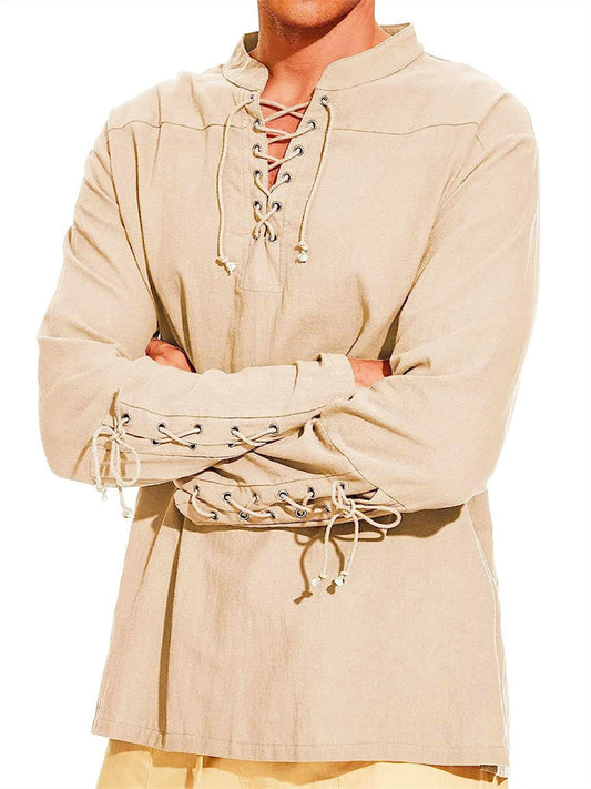 Men's New Cotton Hemp Henley Shirt Long-sleeved Casual Stand-up Collar Shirt