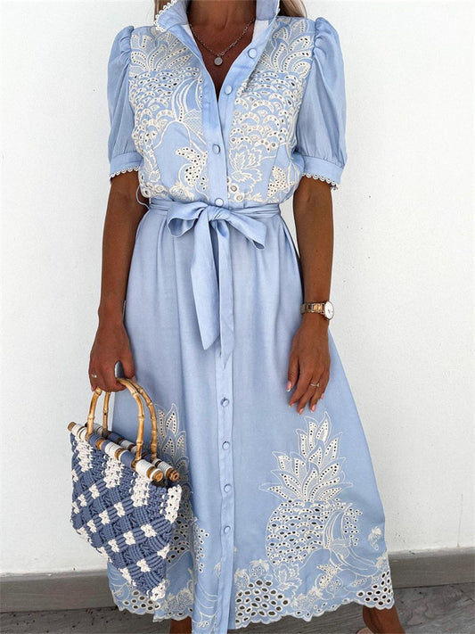 New Summer Women's Openwork Short-Sleeve Waist-Cinched Full-Skirt Dress