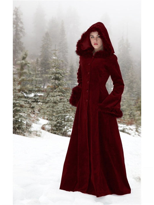 Cross-border foreign trade Europe and the United States retro fur collar hooded single-breasted solid color waist-trimming body big swing windbreaker coat coat female