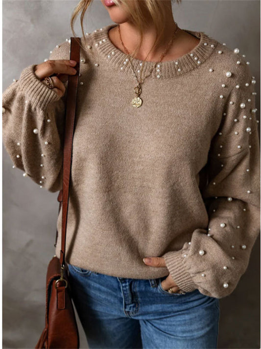 New Fall/Winter Plus Size Loose-Fit Long-Sleeve Beaded Crew Neck Women's Sweater