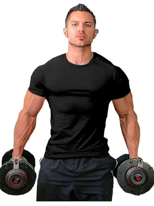Men Muscle Tee T Shirt Stretch Short Sleeve Crew Neck Bodybuilding Workout Basic Daily Tops Navy White Wine Red