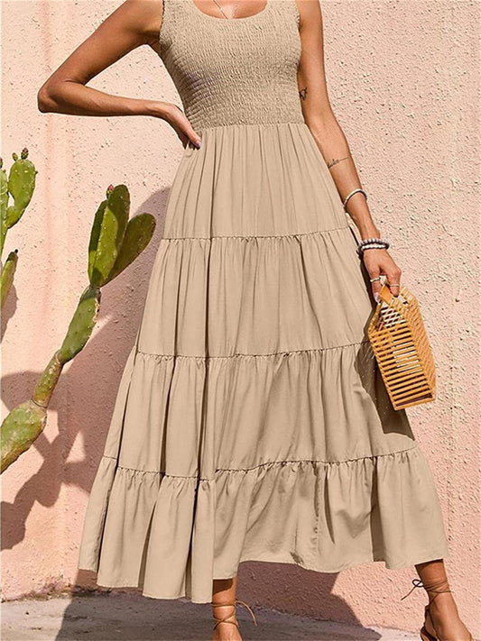 Summer Solid Color Women's Burst U-neck Pullover Tank Dress Pleated Splicing Sleeveless Large Hem A-line Dress Dress