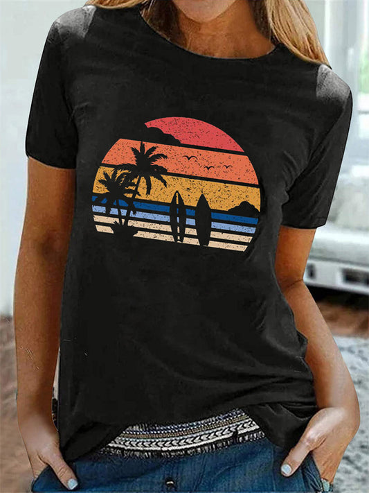 Women's Urban Casual Solid Color Retro Seaside Fashion Sunset Print Ladies Round Neck Pullover Short Sleeve Slim Top