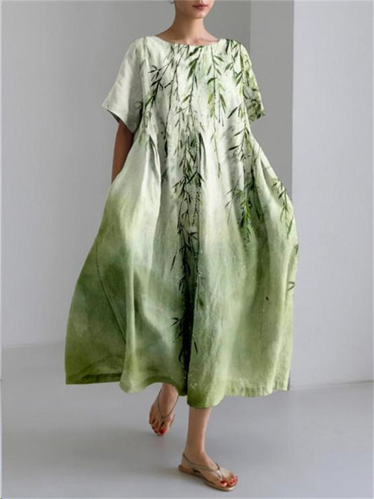Women's New Round Neck Dress Printed Dress Loose Cotton A-line Skirt