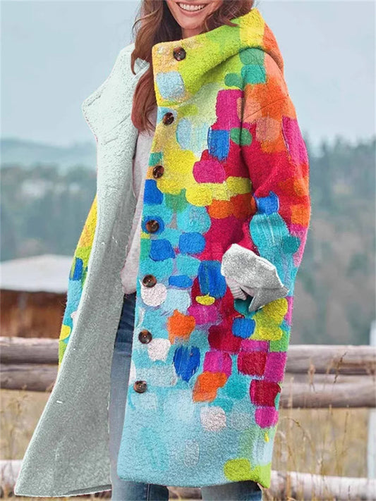 Women's New Medium-length Autumn and Winter Jacket Flannel Floral Pattern Jacket Floral Color Sweater Jacket