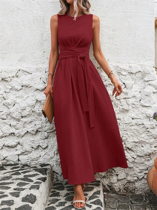 Women's Solid-Color Round-Neck Sleeveless Dress Casual Resort-Style Maxi Dress