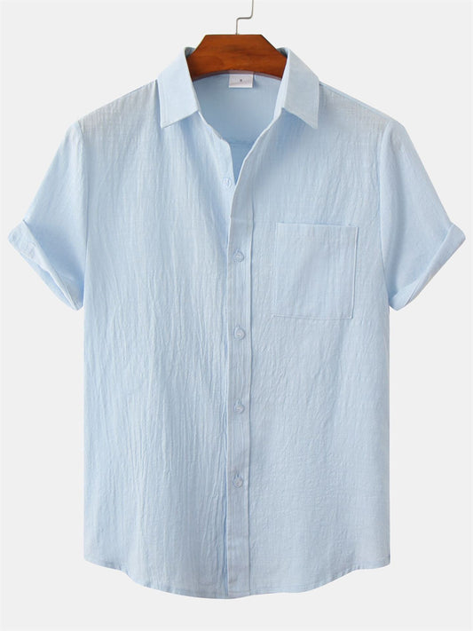 Summer Comfortable Cotton Linen Shirt Men's Solid Color Lapel Single-breasted Casual Short-sleeved Shirt