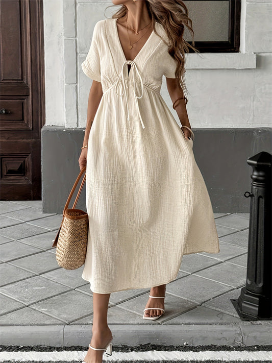 Women's Tie-Front Bohemian-Style V-neck Dress Solid Color A-line