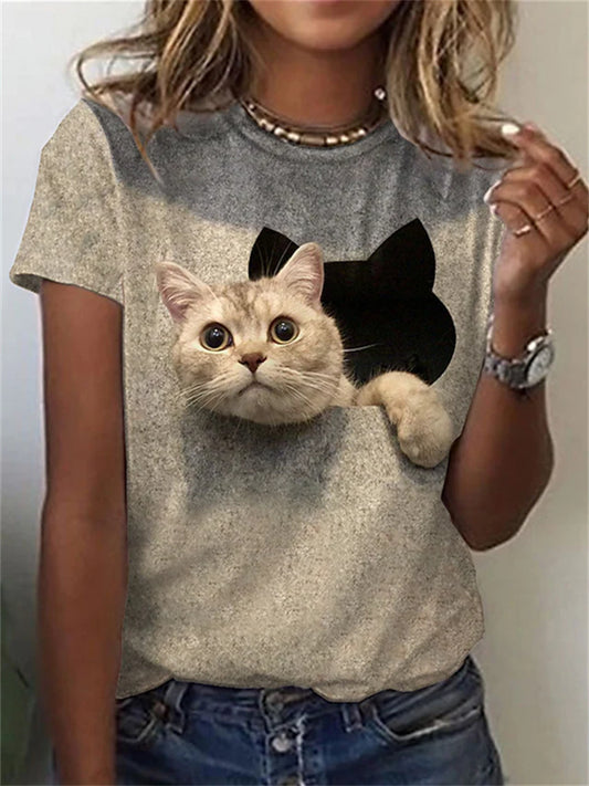 Women's T shirt Tee Blue Khaki White Graphic Cat Print Short Sleeve Daily Weekend Vintage Round Neck Regular 3D Cat Painting
