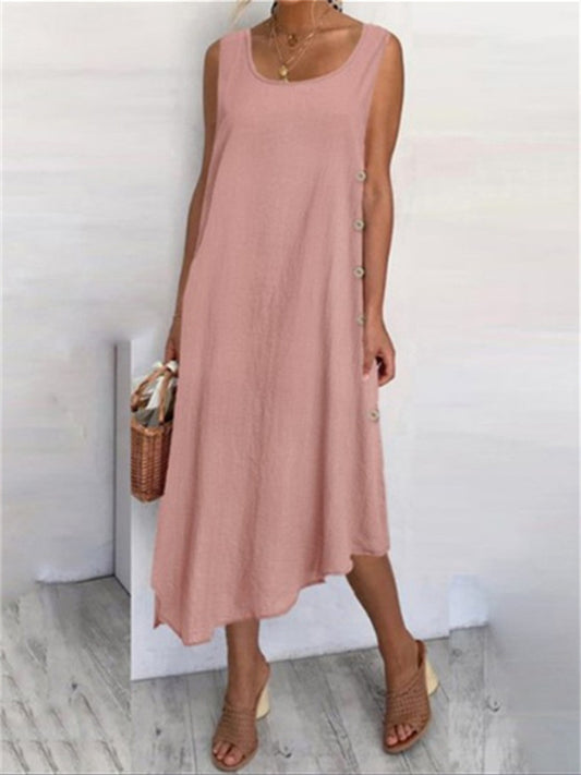 Summer Tank Dress Cotton Linen Solid Color Button Irregular Hem Long Skirt