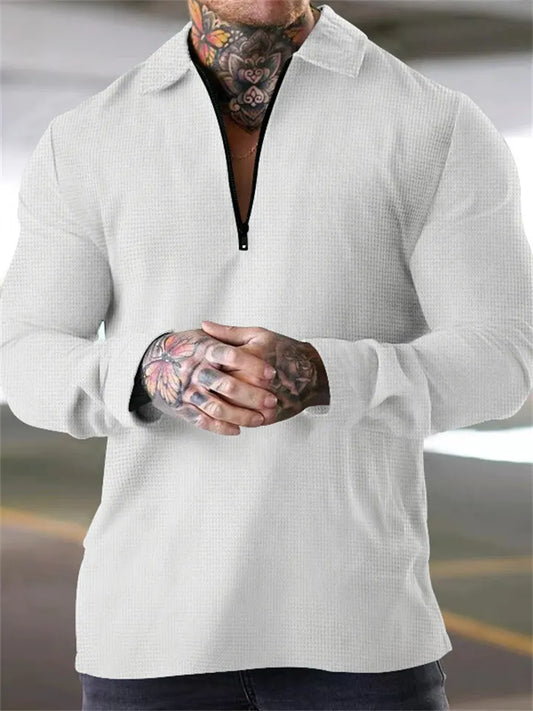 Autumn Solid Color Large Size Half Zipper Waffle Breathable Lapel Polo Polo Shirt Long Sleeve Casual T-shirt