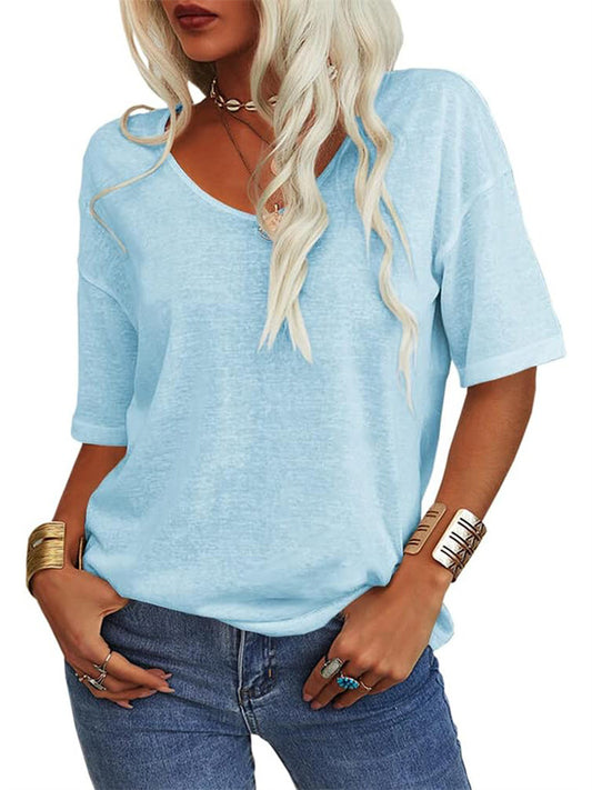 Summer New Women's Solid Color Short-sleeved V-neck T-shirt Tops
