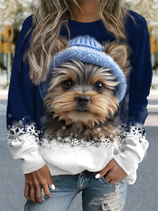 Cute Cat Print Long Sleeve Relaxed Women's Crew Neck Hoodie - Trendy Casual Sweatshirt