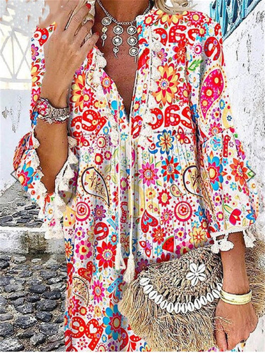 Fashion Temperament Commuter New Print V-neck Sheath Fringe Ruffle Seven-point Sleeve Mid-waist Elegant Wind Dress
