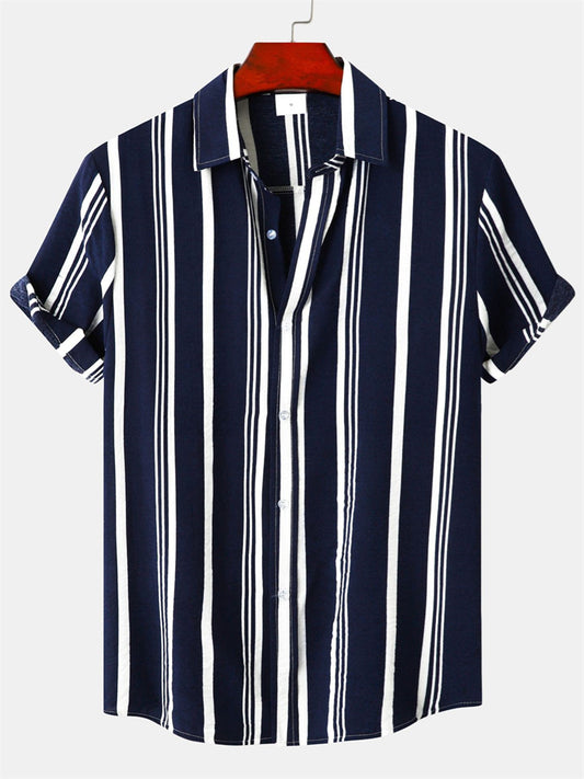 Men's Spring and Summer New Men's Shirts Men's Casual Striped Color Blocking Printing Lapel Short-sleeved Shirt Shirt