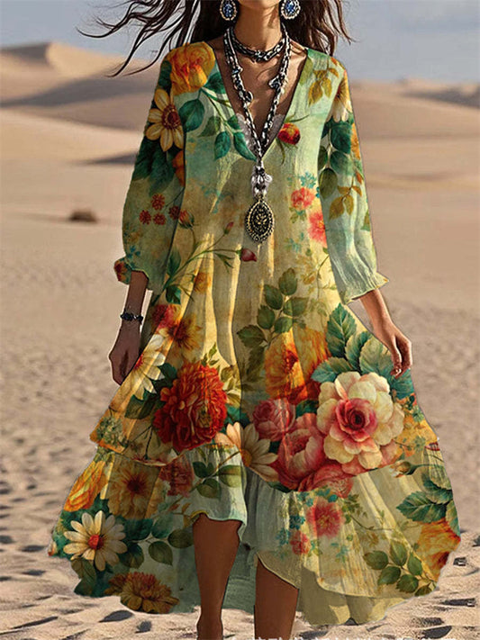 New Arrival Women's Casual Fashion Floral Print V-neck 3/4 Sleeve Midi Dress