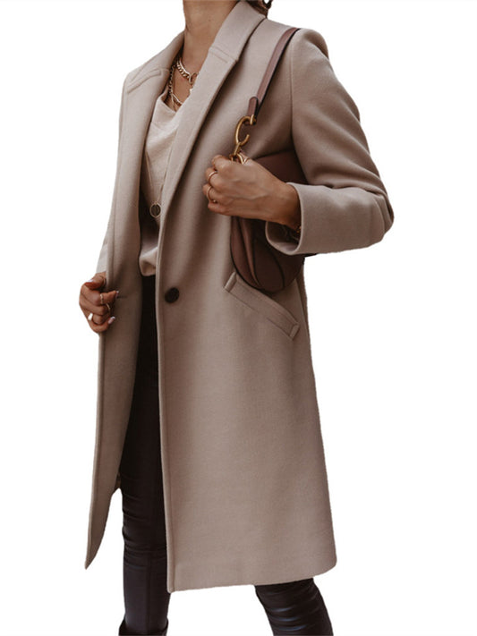 Women's New Arrival Solid Color Mid-Length Wool Coat with Lapel Collar for Fall/Winter