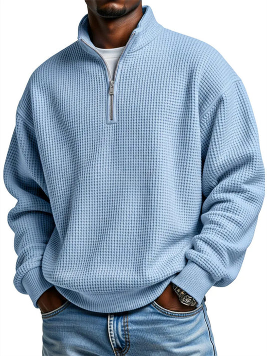 New Arrival Minimalist Fashionable Autumn Stand-Up Collar Zipper Hoodie for Men Ribbed Waffle Weave