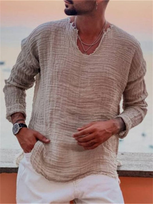 Men's Linen Shirt Casual Shirt Solid Color Plain V Neck Wine Light Grey Gray Outdoor Street Long Sleeve Clothing Apparel Fashion Casual Breathable Comfortable