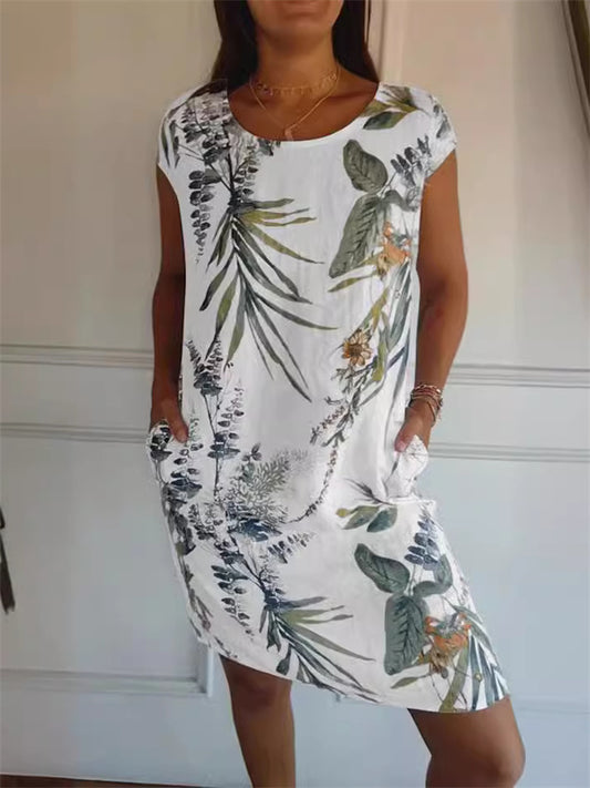 Summer New Women's Cotton and Linen Printing Round Neck Dress Floral Mid-length Dresses
