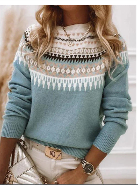 New Arrival Women's Round Neck Color-Blocked Oversized Fashion Knit Sweater with Geometric Pattern Print