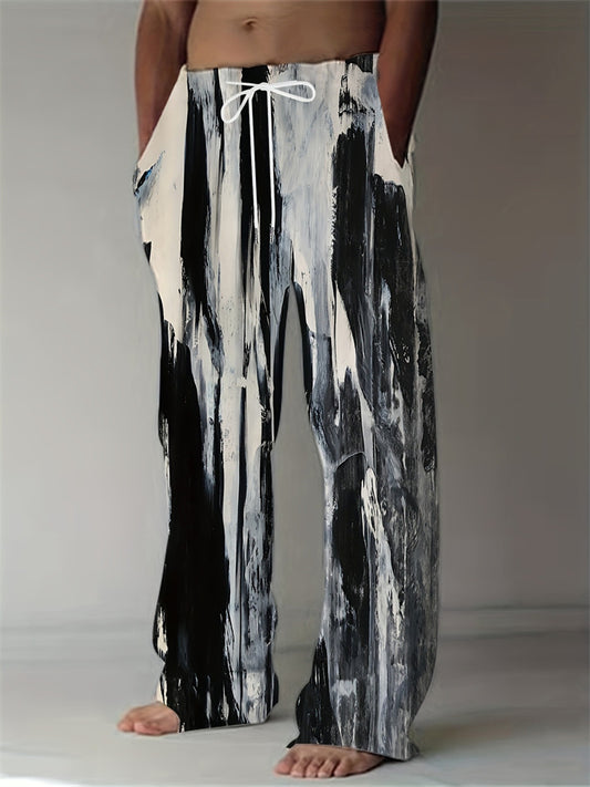 New Summer Men's Fashionable Long Pants Abstract Pattern Color-Blocked Print, Casual Wide-Leg Pants
