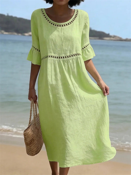 New Summer Casual Round-Neck Mid-Sleeve Solid-Color Women's Cotton-Linen Embroidered Dress