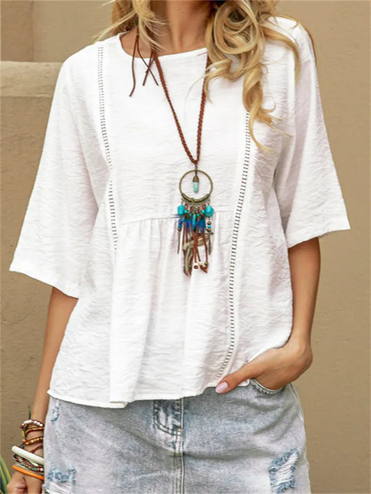 Women's Lace-Trimmed Openwork Cotton-Linen Casual Solid-Color Mid-Sleeve Blouse