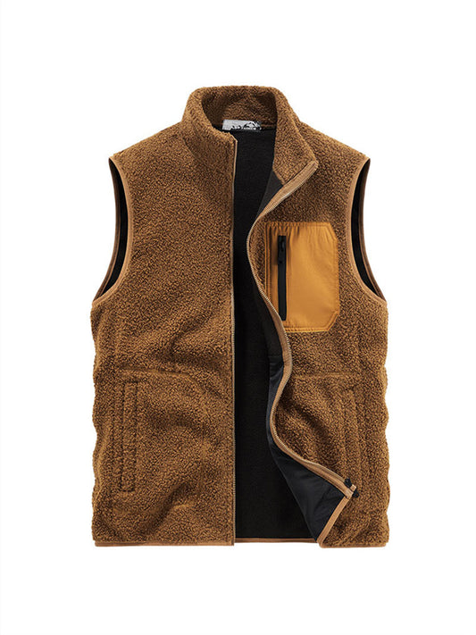 Casual Loose Solid Color Collar Vest Men's Fleece Top Shaker Zipper Undershirt Outdoor Sports Vest Jacket Shoulders Jacket Men