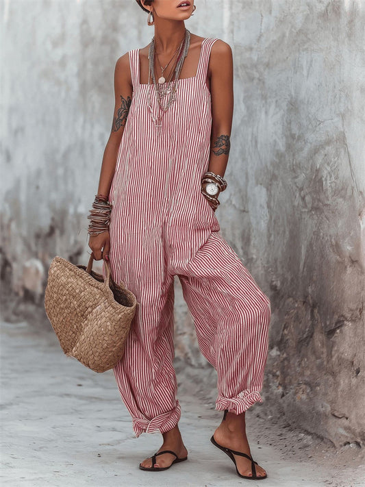 Women’s New Summer Sleeveless Striped Print Loose-Fit Casual Strapless Jumpsuit