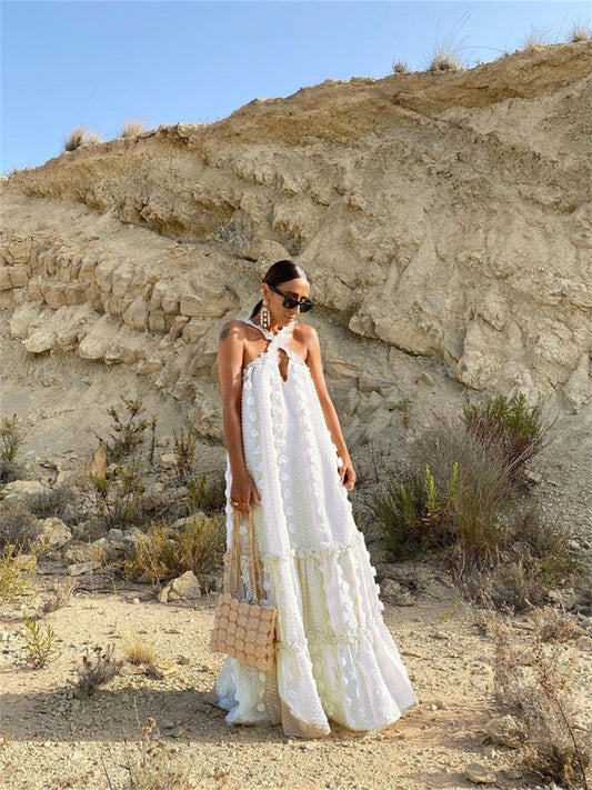 Fashion Neck Hanging Three-dimensional Flower Cake Long Dress